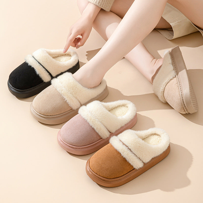 Women's Fashion Warm Cotton Slippers Casual Thick Bottom Non-Slip Velvet Winter Suede Slippers